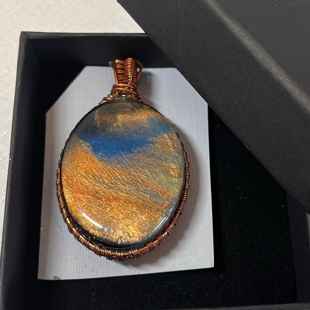 Artisan Wire wrapped resin necklace pendant. Handmade. Unique.